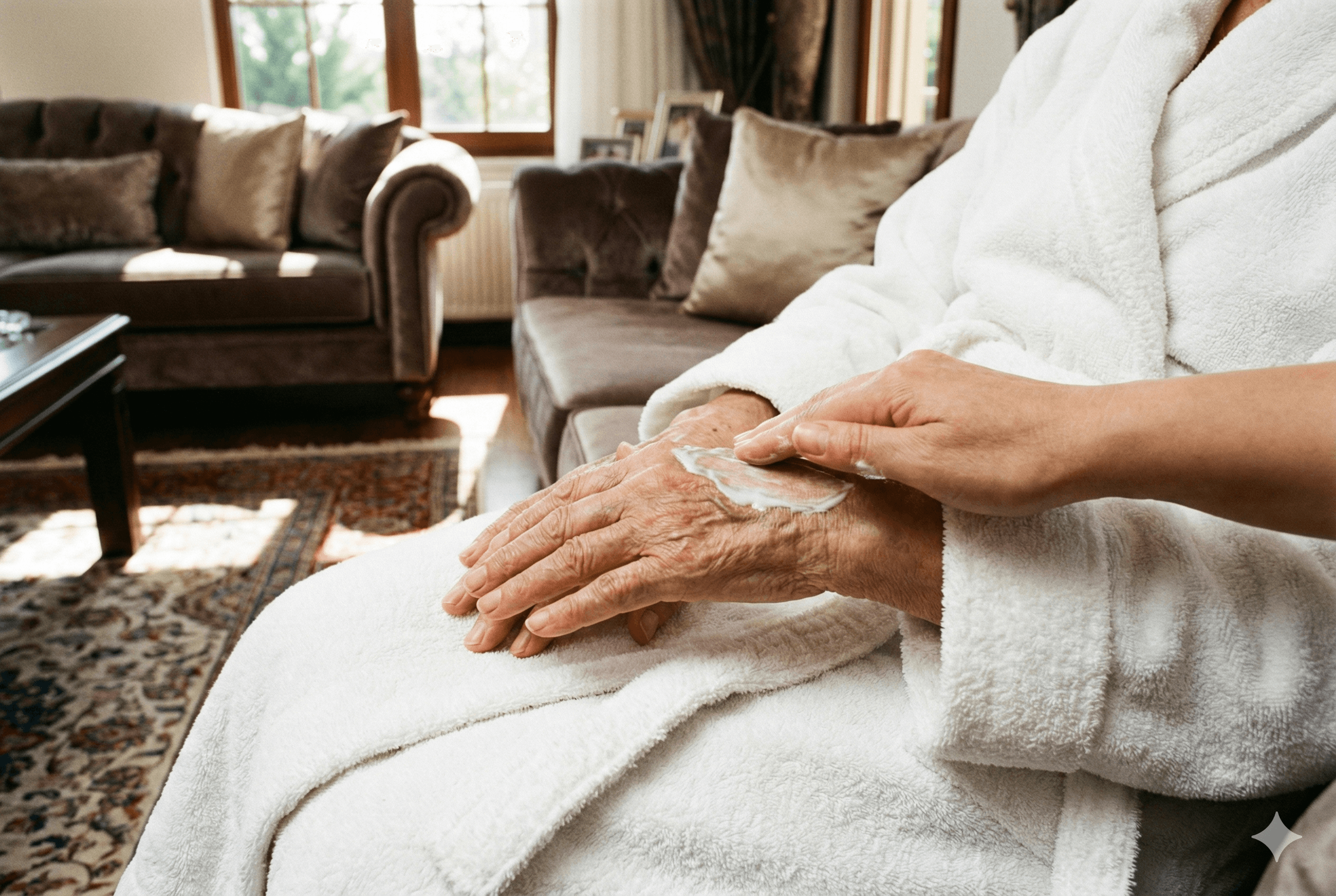 Banyo sonrası kalın beyaz bir bornoz üzerindeki temiz yaşlı ellere profesyonelce nemlendirici losyon sürülüyor.
